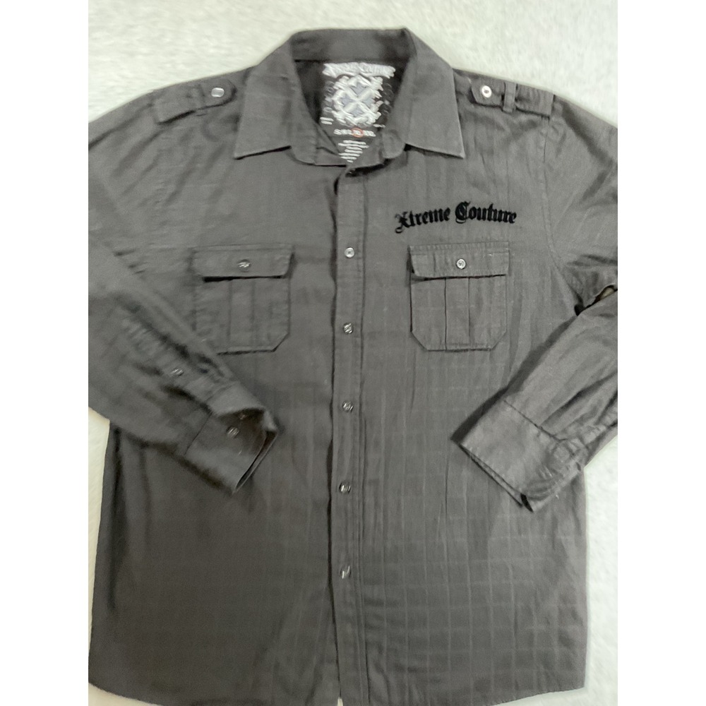 Xtreme Couture Mens XL Gray Graphic Button Down Double Eagle Crest Gothic 1798
